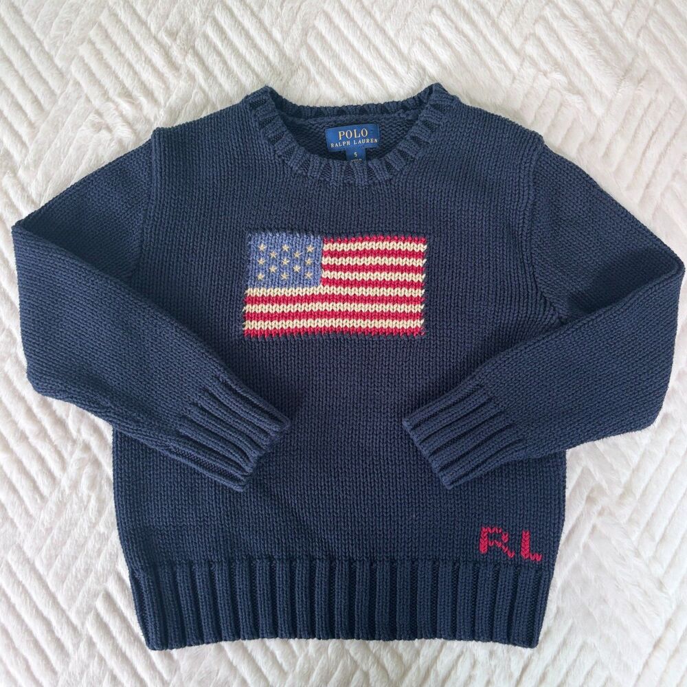 Polo Ralph Lauren Boys Size 5 Navy American Flag Cotton Knit Sweater Pullover